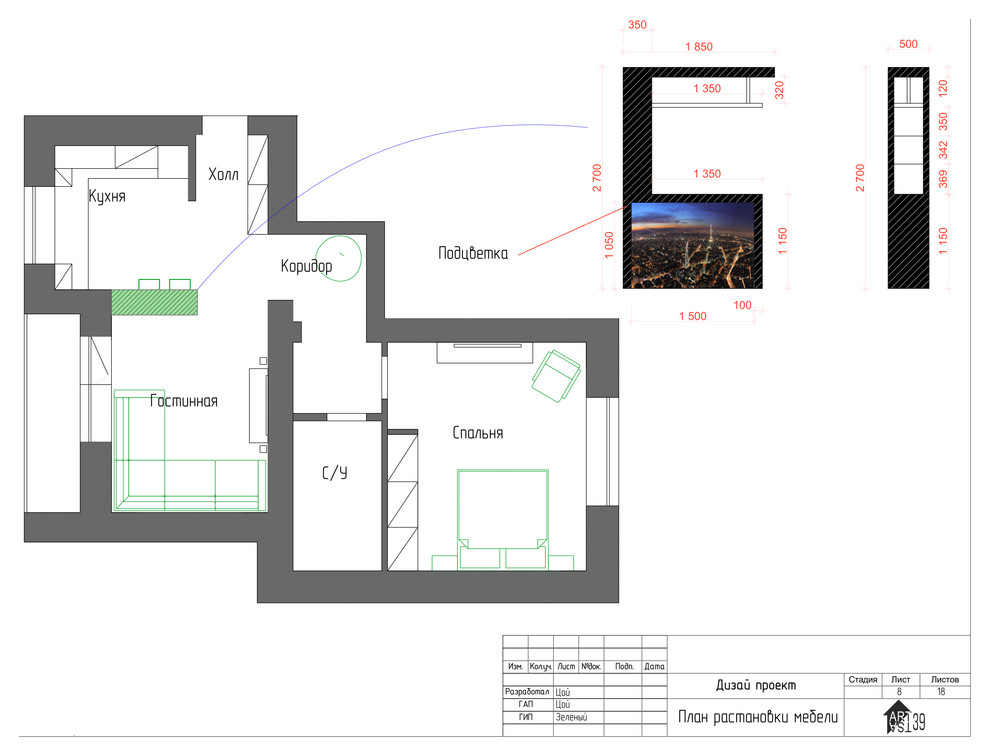Дизайн проект. двух комнатной квартиры. Для молодово человека.