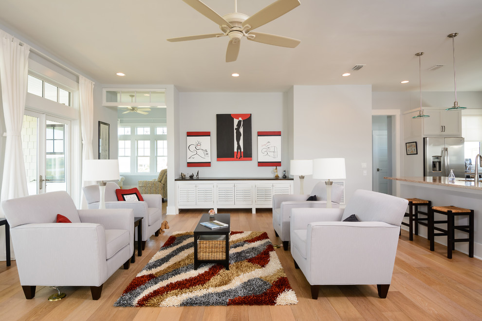 Large transitional formal open concept living room in Jacksonville with grey walls, light hardwood floors, no fireplace, no tv and beige floor.