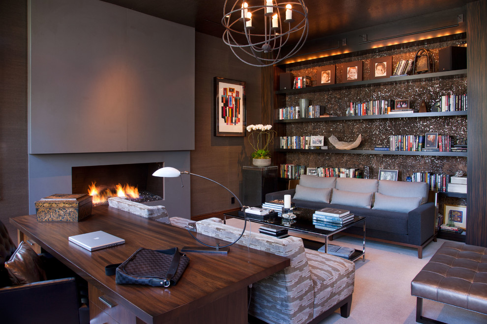This is an example of a contemporary home office in San Diego with carpet and a freestanding desk.
