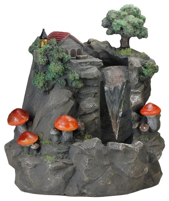 Solar Led Lighted Mushrooms By Waterfall Outdoor Patio Garden Water Fountain