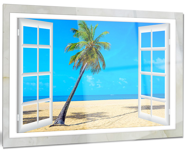 Landscape Glossy Metal Wall Art 28 H/ x/ 60 W/ x/ 1 D 5PE Blue//White Designart Window to Beach with Coconut Palms