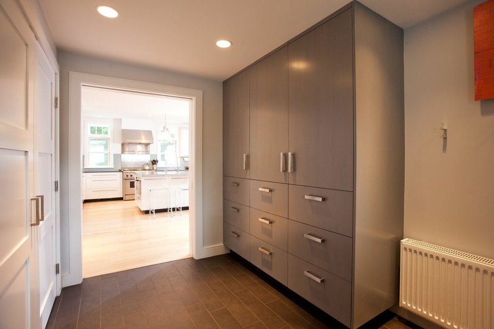 Design ideas for a contemporary hallway in Boston with grey walls.