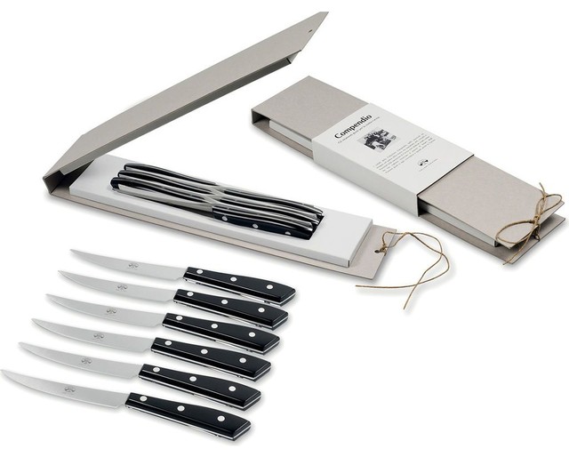 Coltellerie Berti Set of 6 Compendio Steak Knives, Black Lucite Handles