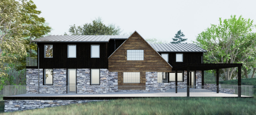 Immagine della villa nera moderna a due piani di medie dimensioni con rivestimento in legno, tetto a capanna, copertura in metallo o lamiera, tetto grigio e pannelli e listelle di legno