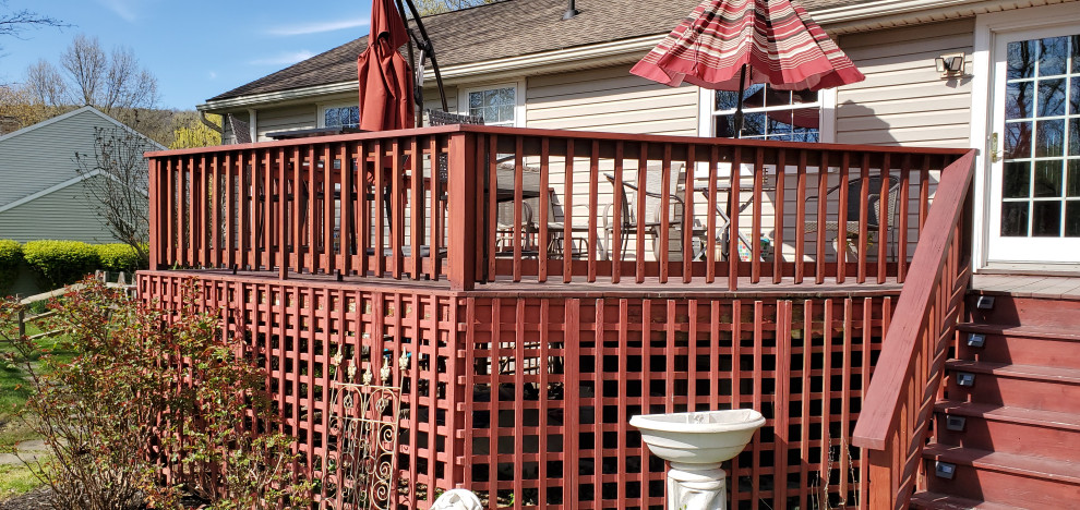 Photo of a large modern backyard and ground level deck in Other with with skirting, no cover and metal railing.