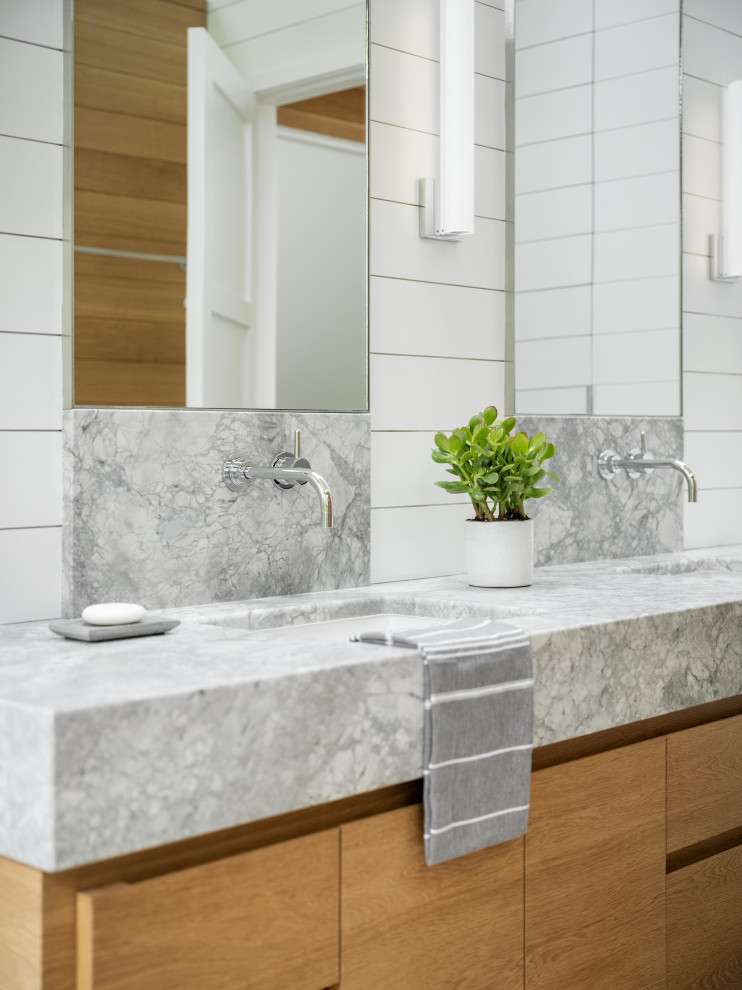 Inspiration for a coastal master double-sink bathroom remodel in Portland Maine with marble countertops, gray countertops and a floating vanity