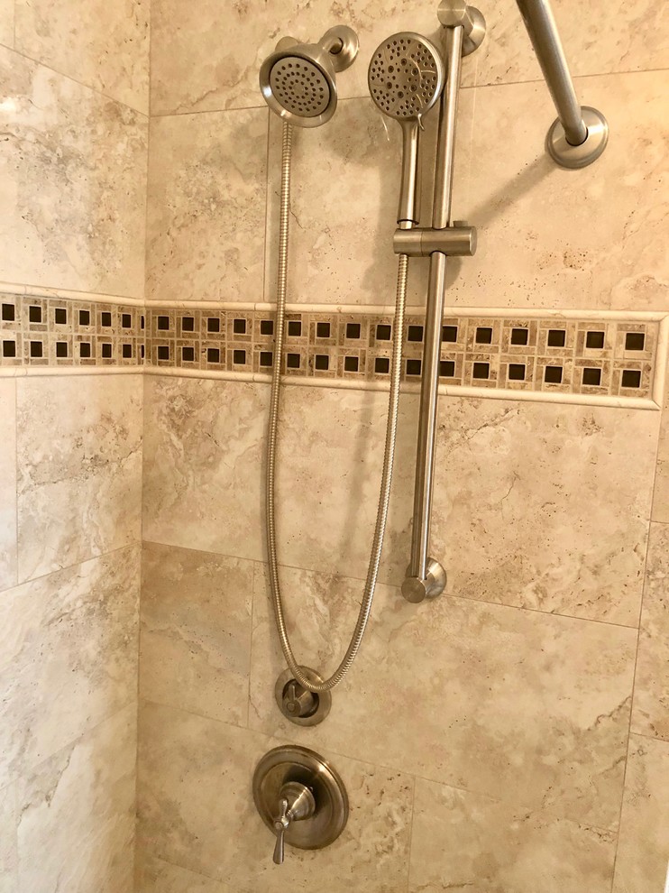 Transitional 3/4 brown tile and porcelain tile alcove bathtub photo in DC Metro