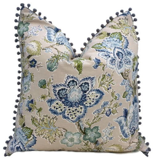 Floral Cotton Pillow Cover With Navy Trim, 20"x20"