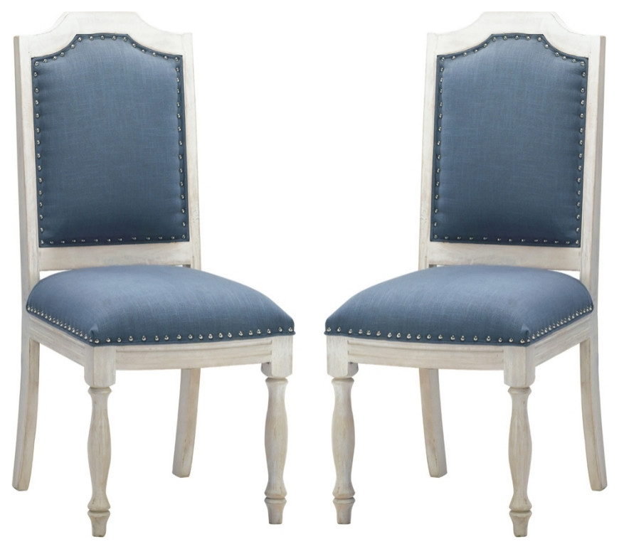 Whitewashed Wood Blue Upholstered Dining chairs Set French Country