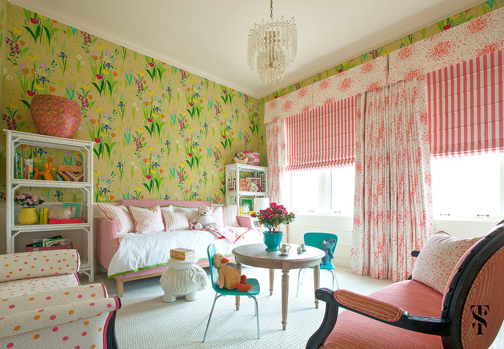 Lincoln Park Vintage Featured in Domino & House Beautiful - Pink and green abound in this bedroom. Graphic floral wallpaper is complemented by pink and white draperies with striped roman shades. A daybed along one wall allows room for a play table with pops of teal and a sitting area. 
Open shelving and a coral dresser provide space for books, toys and keepsakes. 

Summer Thornton Design, Inc.