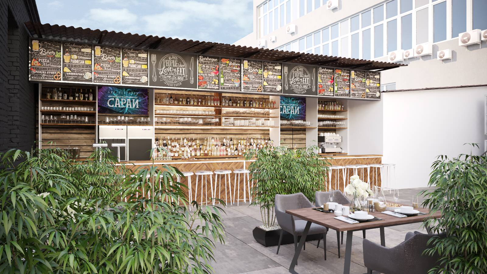 Благоустройство летней террасы бара.