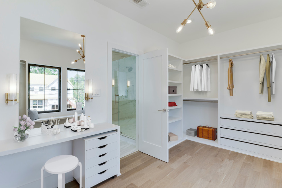 Photo of a mid-sized modern gender-neutral storage and wardrobe in Los Angeles with medium hardwood floors.