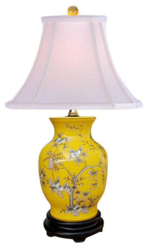 Yellow Porcelain Vase, Floral Motif Table Lamp, 20.5"