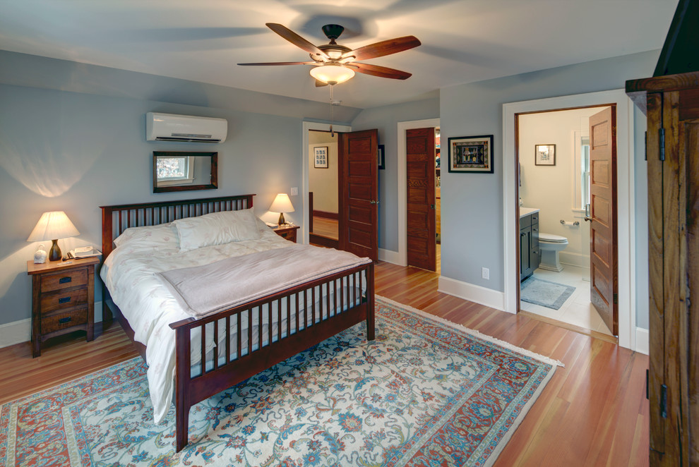 Photo of a mid-sized arts and crafts master bedroom in Other with blue walls and medium hardwood floors.