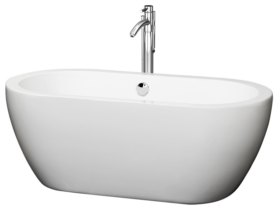 60" Freestanding Tub,White,Floor Mounted Faucet,Drain,Overflow,Polished Chrome
