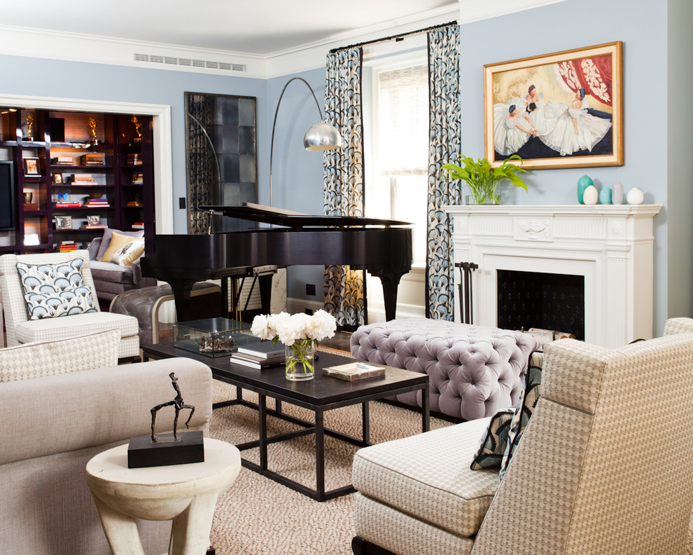 Photo of a transitional living room in New York with a music area, blue walls and a standard fireplace.