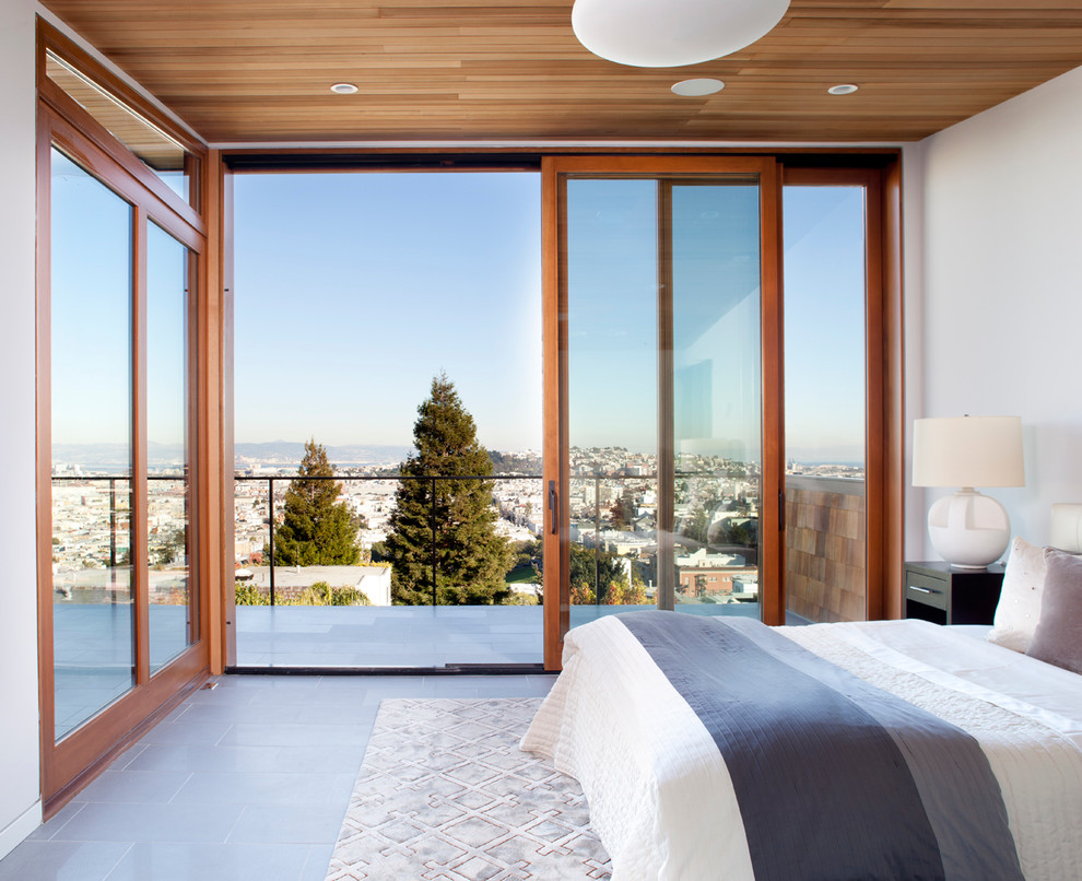 Design ideas for a modern master bedroom in San Francisco with white walls, slate floors and no fireplace.