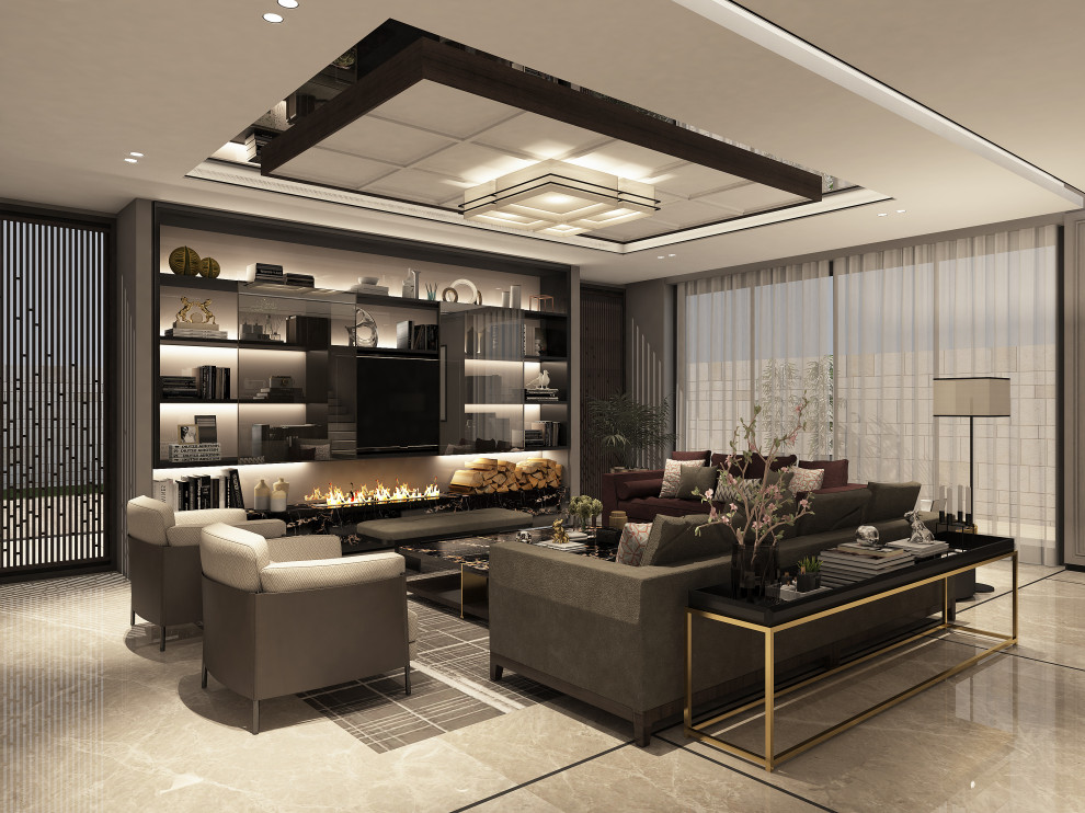 Large modern formal open concept living room in Other with marble floors, a built-in media wall, beige floor, grey walls, a standard fireplace, a stone fireplace surround, coffered and panelled walls.