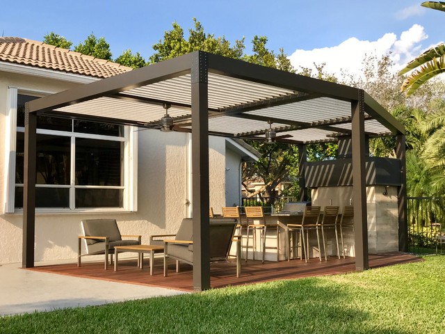 Modern Altimate Pergola Over Outdoor Kitchen Chimney Ceiling
