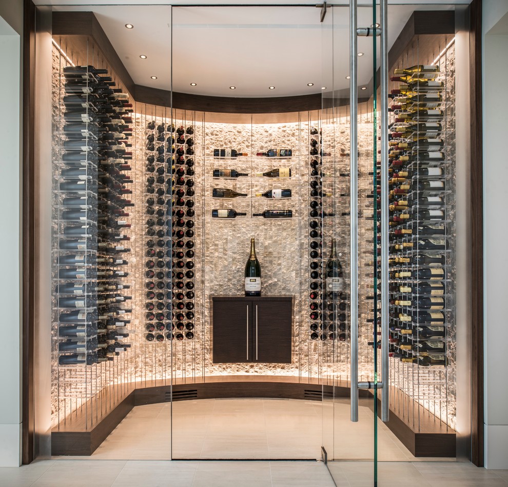 Design ideas for a mid-sized contemporary wine cellar in San Francisco with ceramic floors and display racks.
