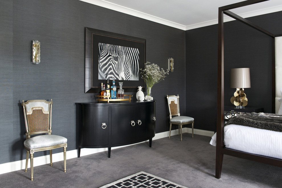 Inspiration for a large contemporary master bedroom in Melbourne with grey walls, carpet, no fireplace and grey floor.