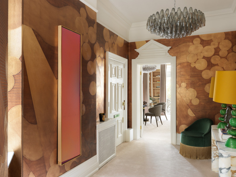 Contemporary foyer in London with brown walls, carpet, a single front door, a white front door, beige floor and wallpaper.