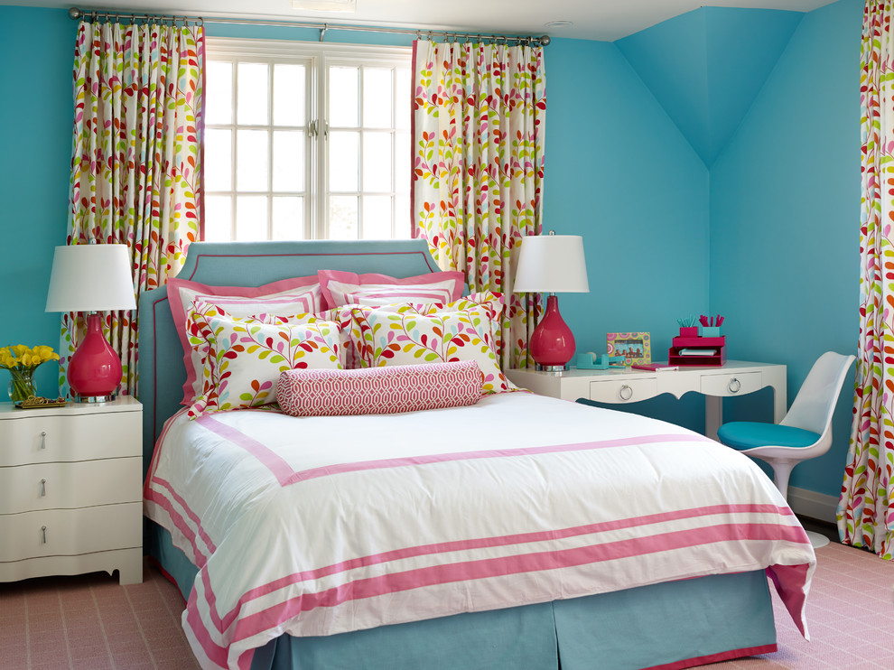 Example of a mid-sized transitional carpeted kids' room design in Birmingham with blue walls