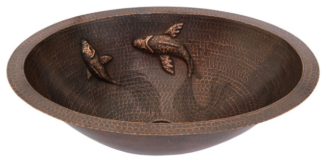 Oval Under Counter Hammered Copper Bathroom Sink with Two Small Koi Fish Design