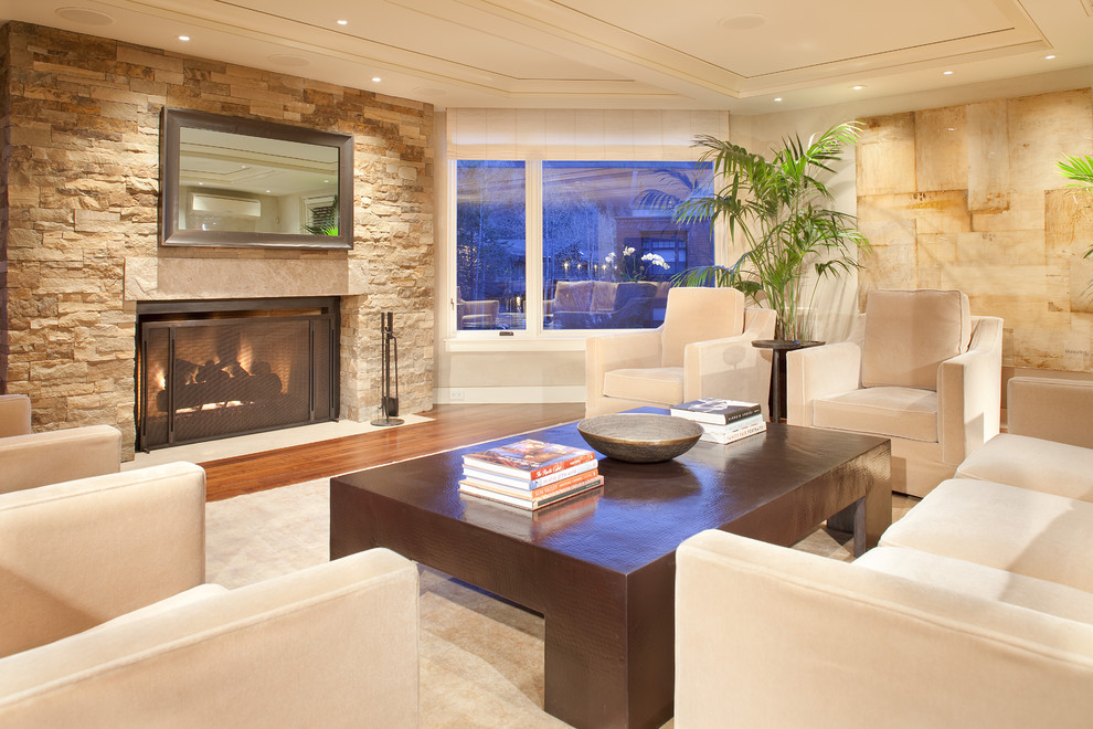 This is an example of a contemporary living room in Denver with beige walls and a standard fireplace.