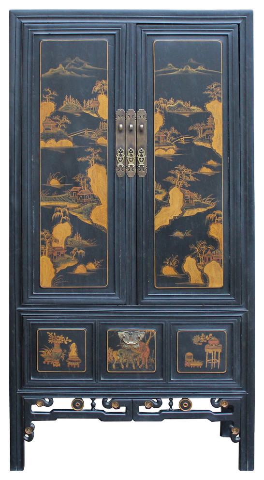 Chinese Fujian Golden Mountain Water Graphic Tall Armoire Cabinet cs4891