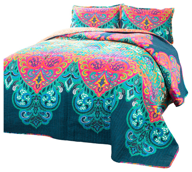 Boho Chic Quilt Turquoise/Navy 3Pc Set Full/Queen Contemporary