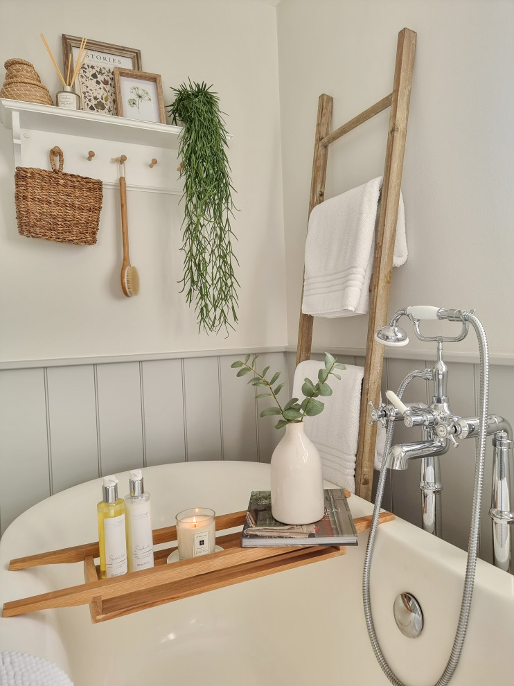Inspiration for a traditional bathroom in Other with shaker cabinets, white cabinets, beige walls, ceramic flooring, marble worktops, double sinks and a freestanding vanity unit.