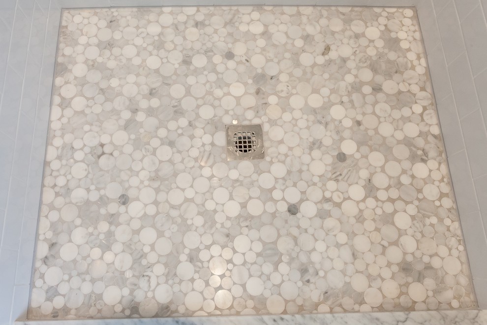 Transitional kids' white tile and subway tile gray floor home design photo in DC Metro with recessed-panel cabinets, white cabinets, blue walls, an undermount sink, a hinged shower door and gray countertops