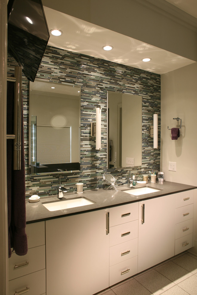 Design ideas for a large contemporary master bathroom in Charlotte with flat-panel cabinets, white cabinets, an undermount tub, a corner shower, beige tile, brown tile, gray tile, white tile, matchstick tile, white walls, ceramic floors, an undermount sink and engineered quartz benchtops.