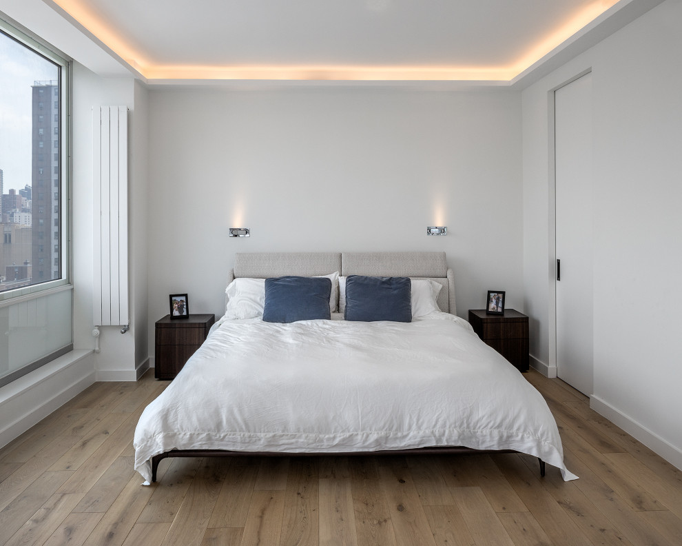 Mid-sized modern master bedroom in New York with grey walls, light hardwood floors, beige floor and coffered.