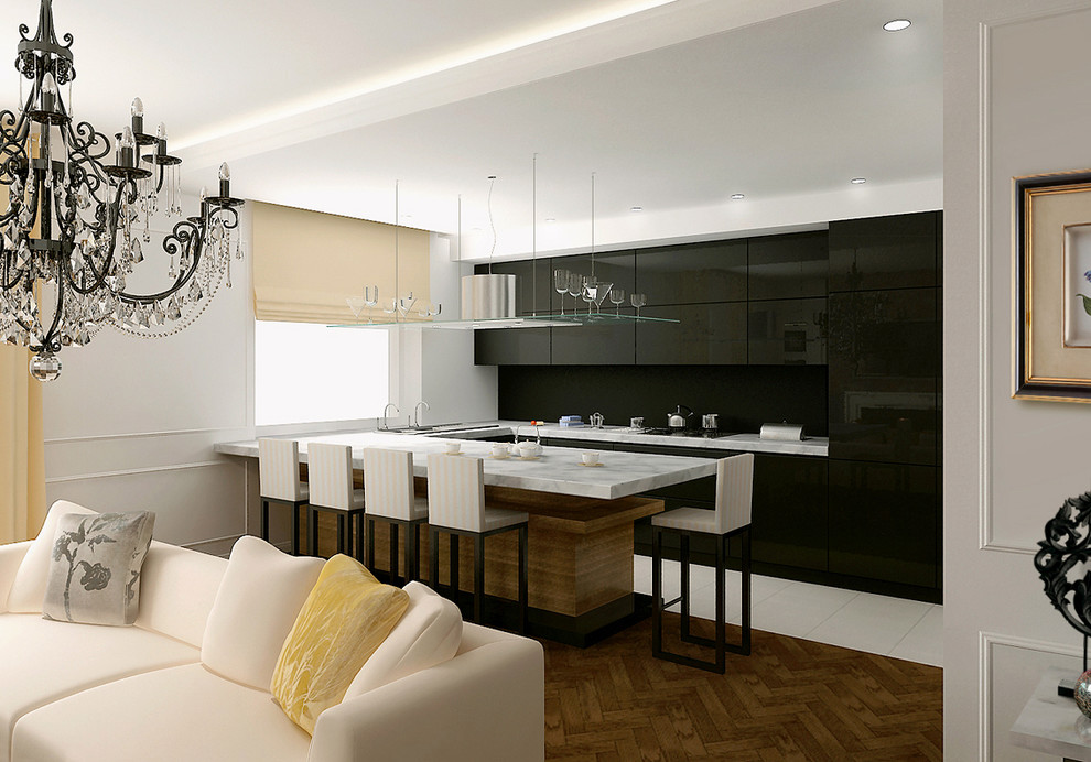 Черная минималистическая кухня в классическом интерьере