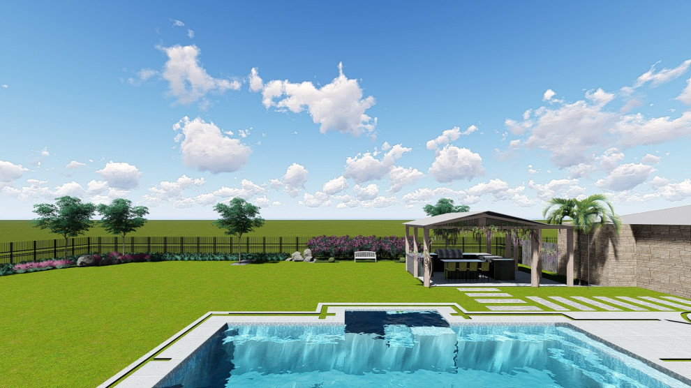 Expansive modern backyard garden in Houston.