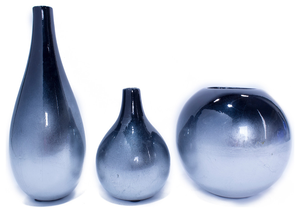 Ophelia 3-piece Vase Set in Navy and Silver