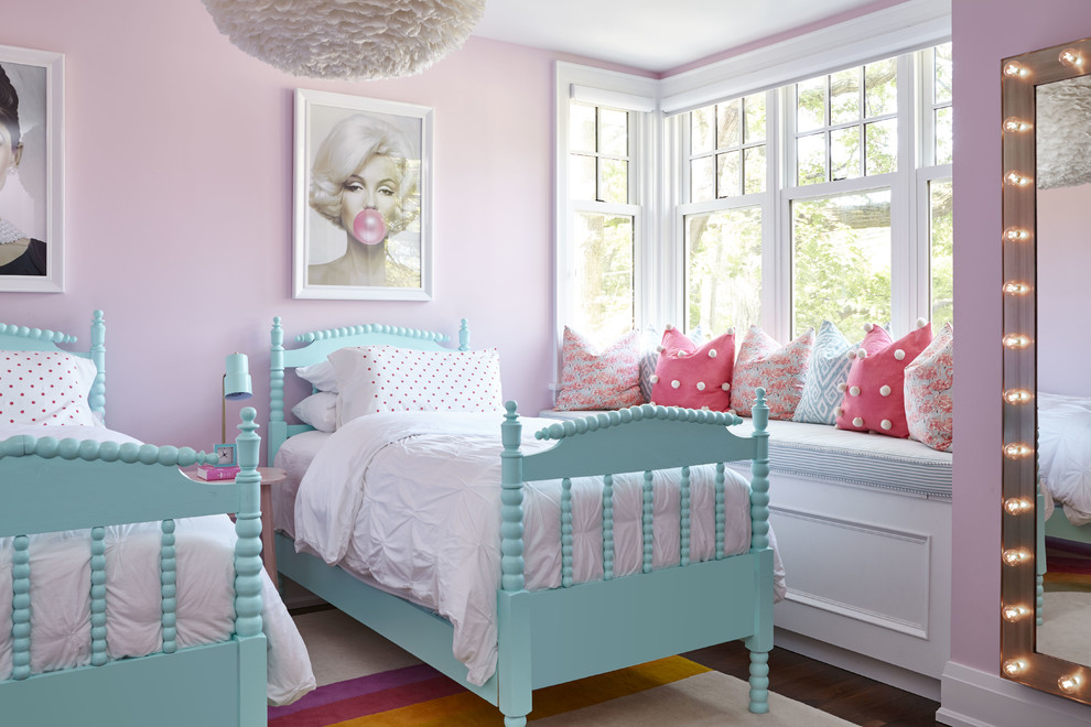 Design ideas for a transitional kids' bedroom for kids 4-10 years old and girls in Toronto with pink walls, brown floor and dark hardwood floors.