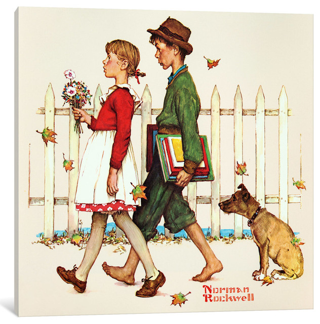 "Young Love: Walking to School" by Norman Rockwell, Canvas Print, 26x26"