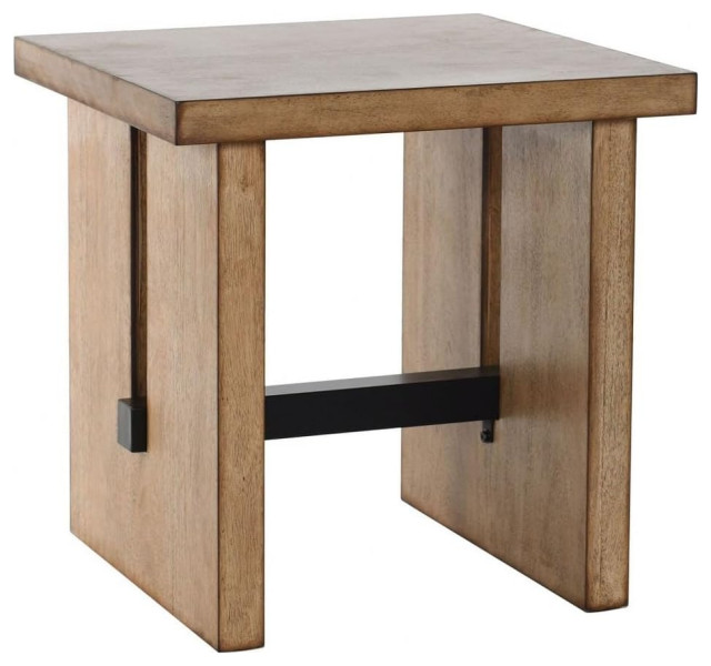 Rustic Side Table, Legs With Cut Out Sides & Matte Black Support