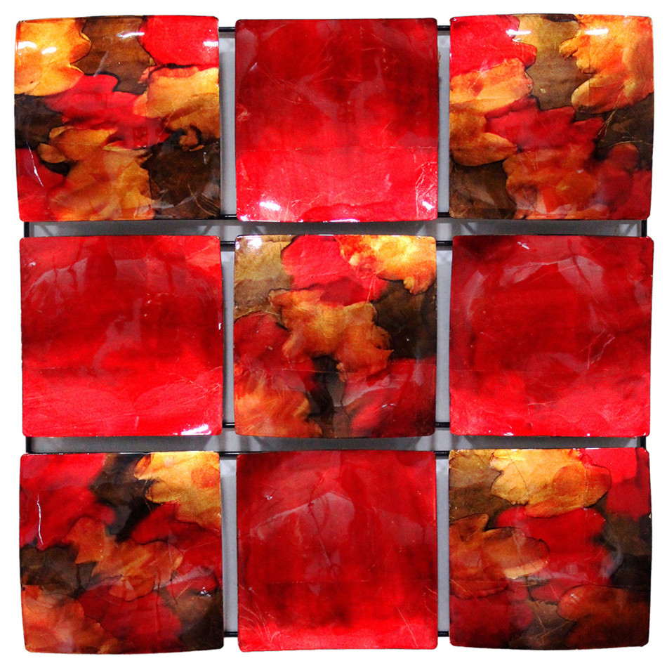 9Panel Square Metal Wall Decor, Lacquered, Copper, Red and Gold
