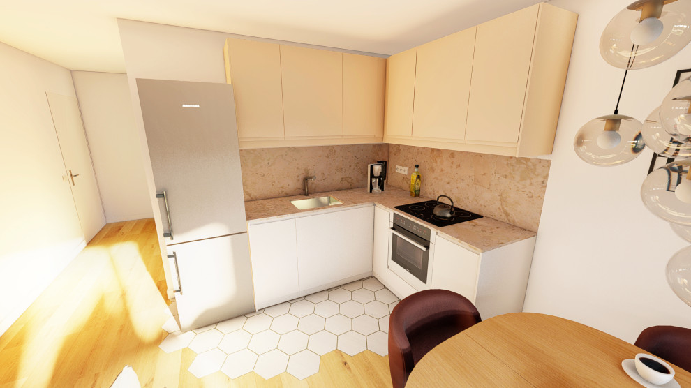 Exempel på ett litet modernt beige beige kök, med en integrerad diskho, släta luckor, skåp i ljust trä, marmorbänkskiva, beige stänkskydd, stänkskydd i marmor, rostfria vitvaror, laminatgolv och brunt golv