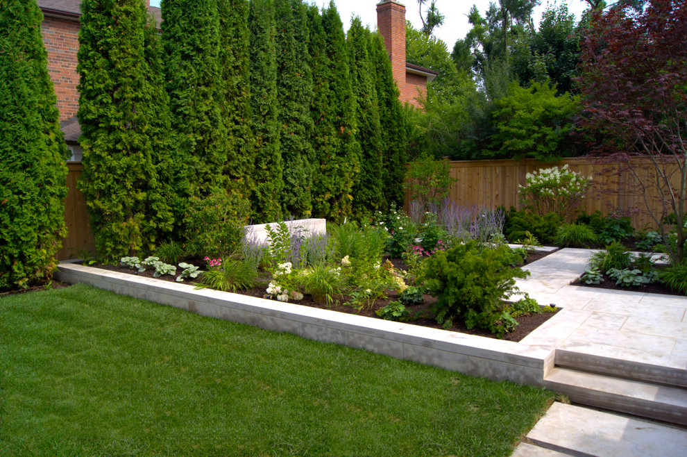 This is an example of a mid-sized contemporary backyard partial sun outdoor sport court for summer in Toronto with brick pavers.