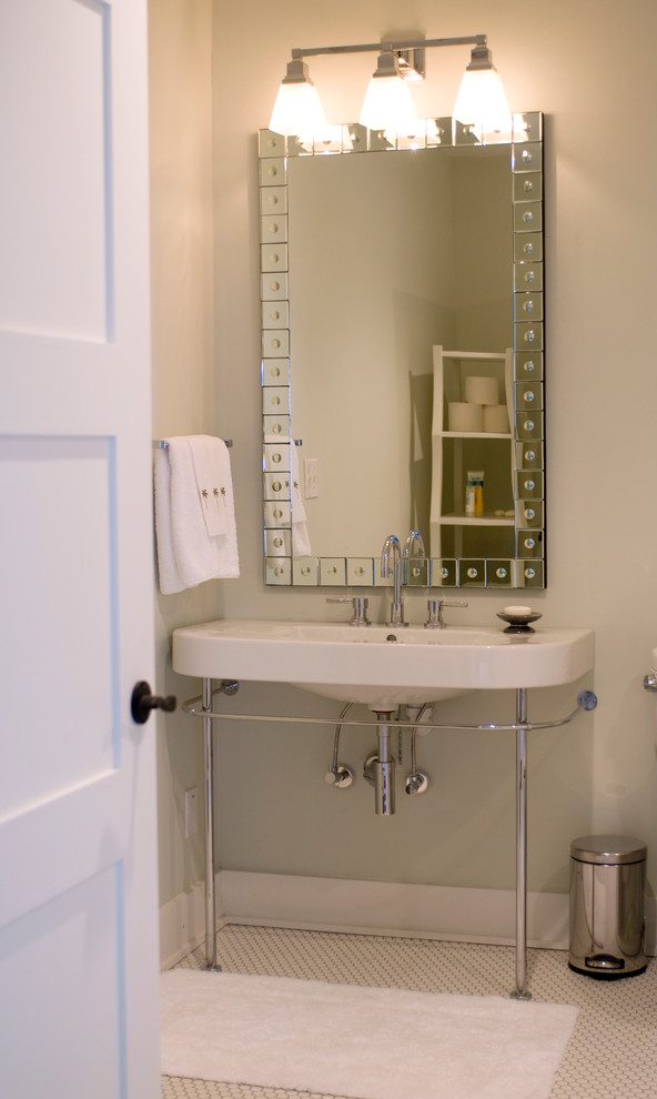 This is an example of a traditional bathroom in Charleston with a wall-mount sink, an open shower, white tile, porcelain tile, green walls and porcelain floors.