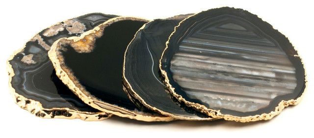 Gold Plated Brazilian Agate Coaster Set of 4, Black