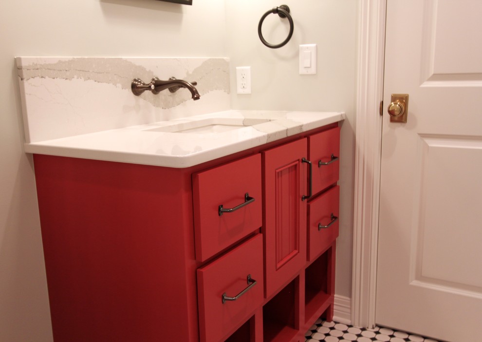 Example of a small transitional 3/4 black and white tile and subway tile ceramic tile alcove shower design in Omaha with red cabinets, gray walls, a drop-in sink and quartz countertops
