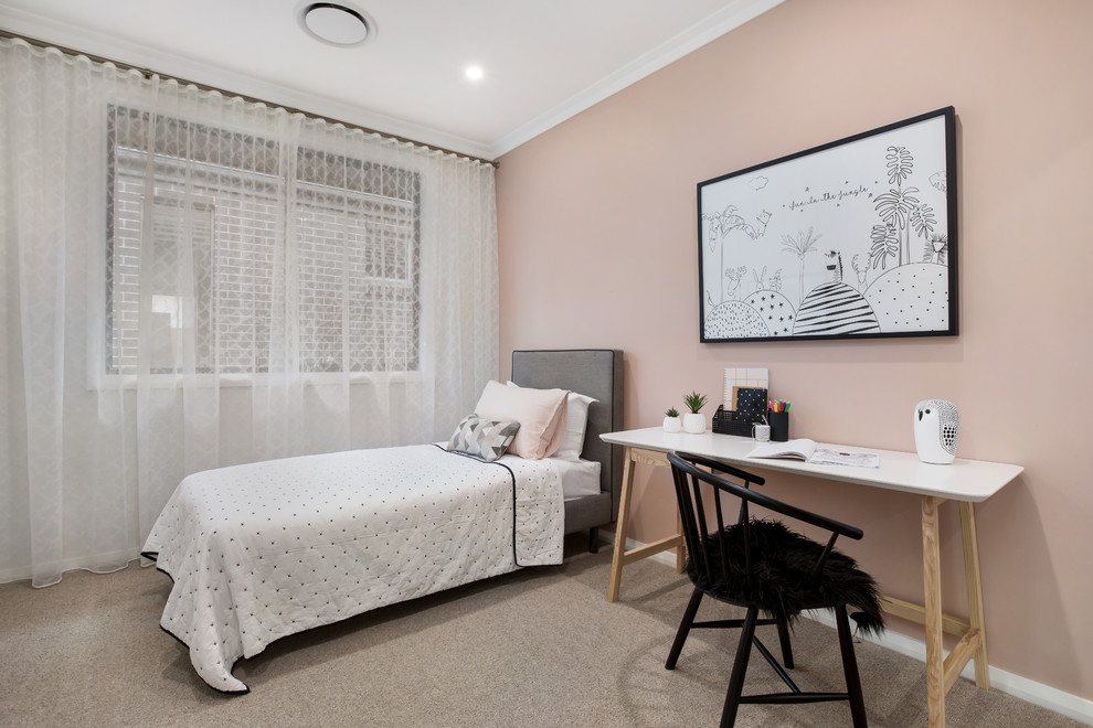 Design ideas for a contemporary kids' bedroom for kids 4-10 years old and girls in Sydney with white walls, carpet and beige floor.