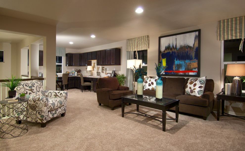 Design ideas for a contemporary gender-neutral kids' room in Denver with beige walls and carpet.