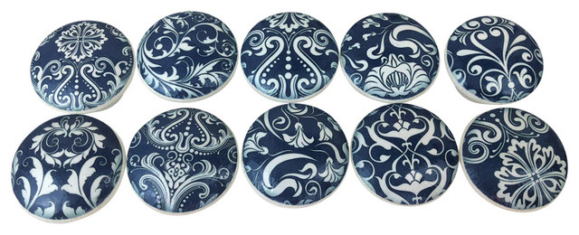 10 Piece Navy And White Medallion Print Wood Cabinet Knobs Set